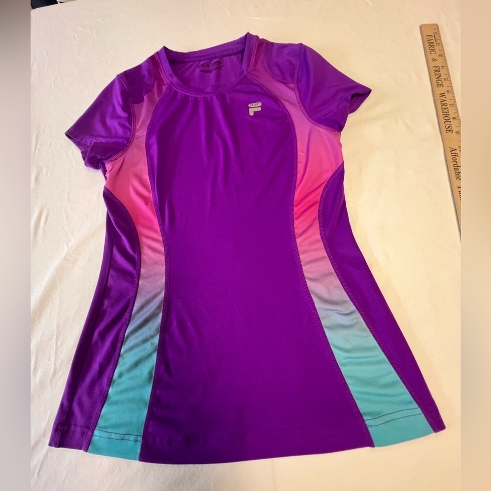 Fila Purple and Blue Fitted Sports Top T-Shirt
Size XS Purple w/Pink/Blue Inset